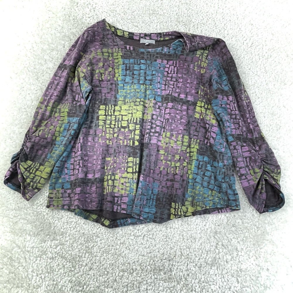 Geometrical Multi Color Purple Blue Green Top Asymmetrical Hem Ruched Sleeve XL